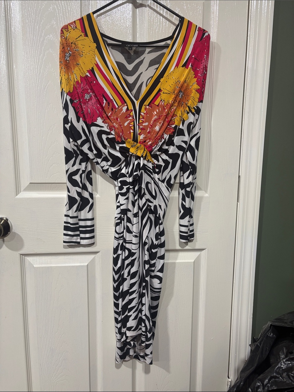 Analili Black & White Zebra Print Wrap Dress with Yellow & Pink Floral Yoke